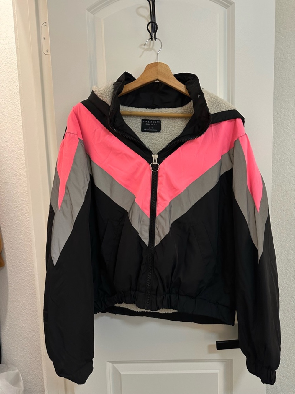 Streetwear Society Black, Pink & Gray Colorblock Sherpa Bomber Jacket